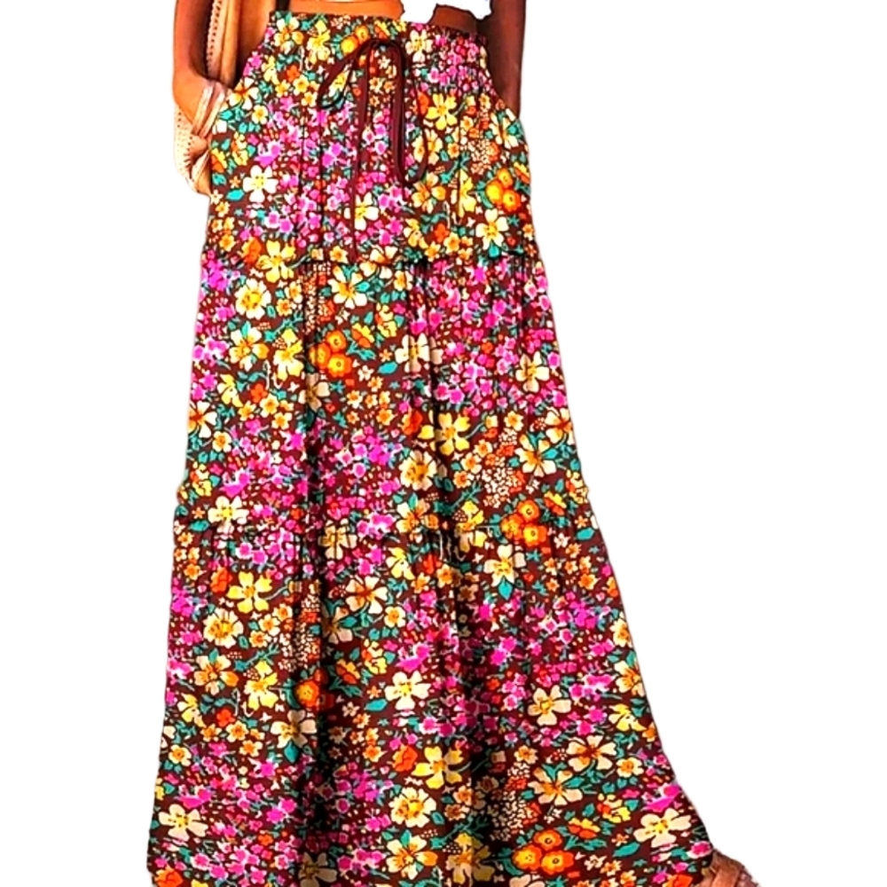 Pocket Skirt Long Casual Loose Fit  Floral Maxi Vacation Outfit - Picture 6 of 7